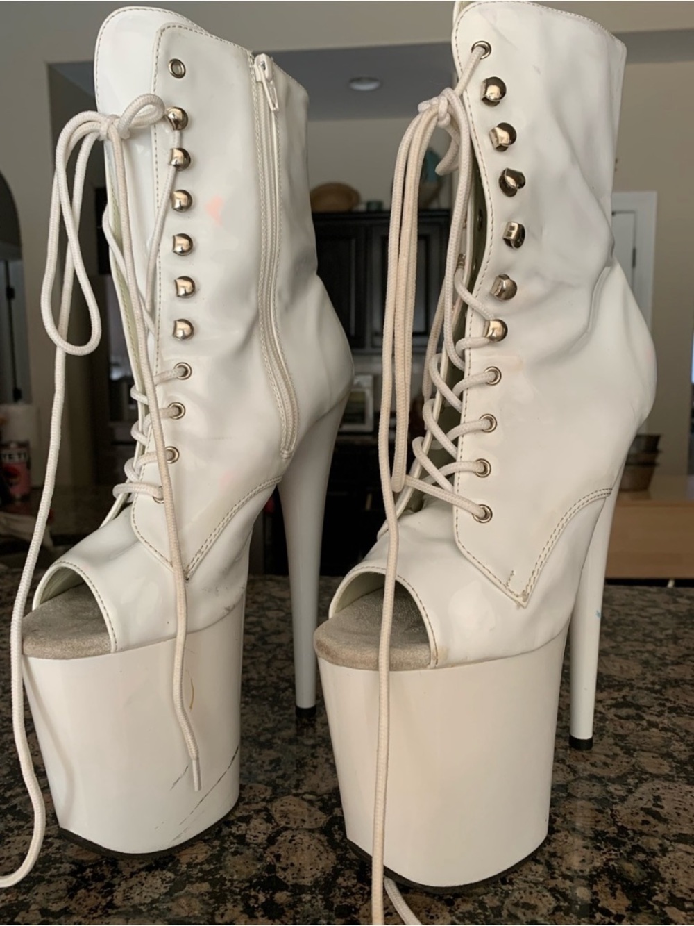 🤍Pleaser Flamingo 1021 tie/zip up Platform Stripper/Dancer open-toed white Boots